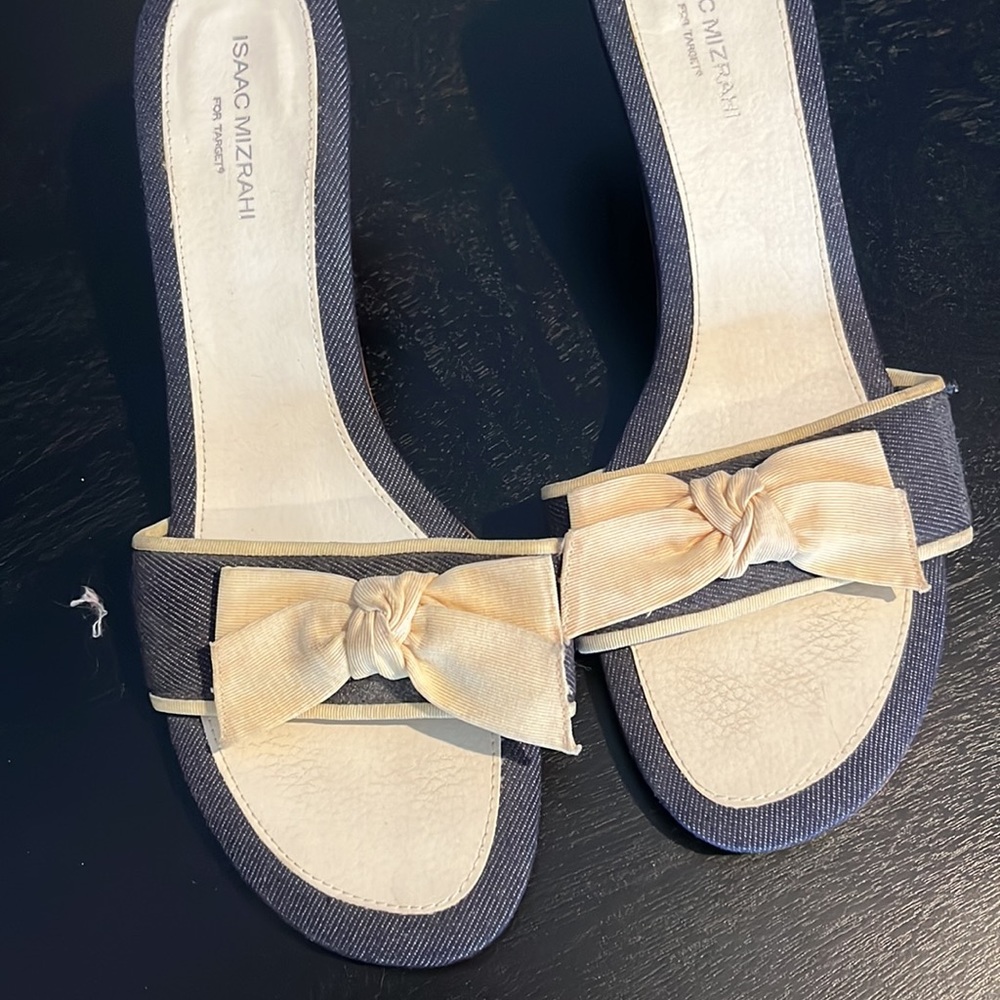 Denim with  cream bow slip on mules - Picture 5 of 9